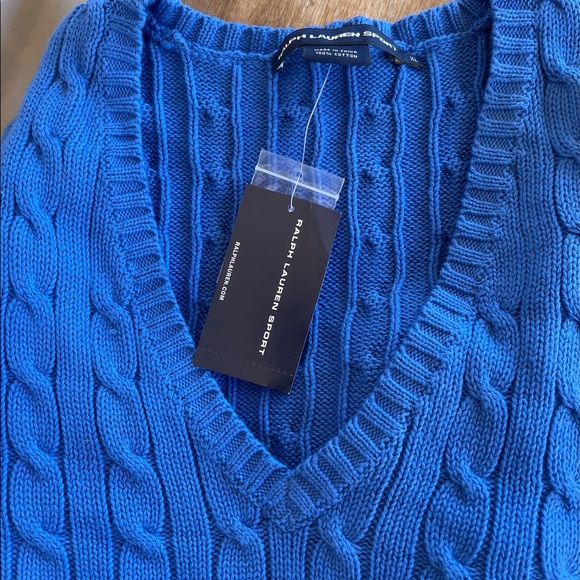 RALPH LAUREN Blue Cable Knit V-Neck Sweater Embroidered Orange Polo Pony XL NEW! - Picture 9 of 10